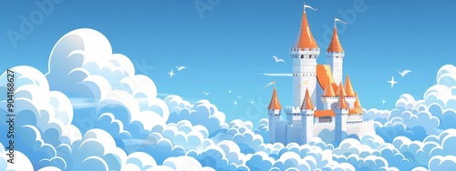 Fantasy wolf white castle over a sea of clouds, under blue sky, epic, fantasmagoric. photo