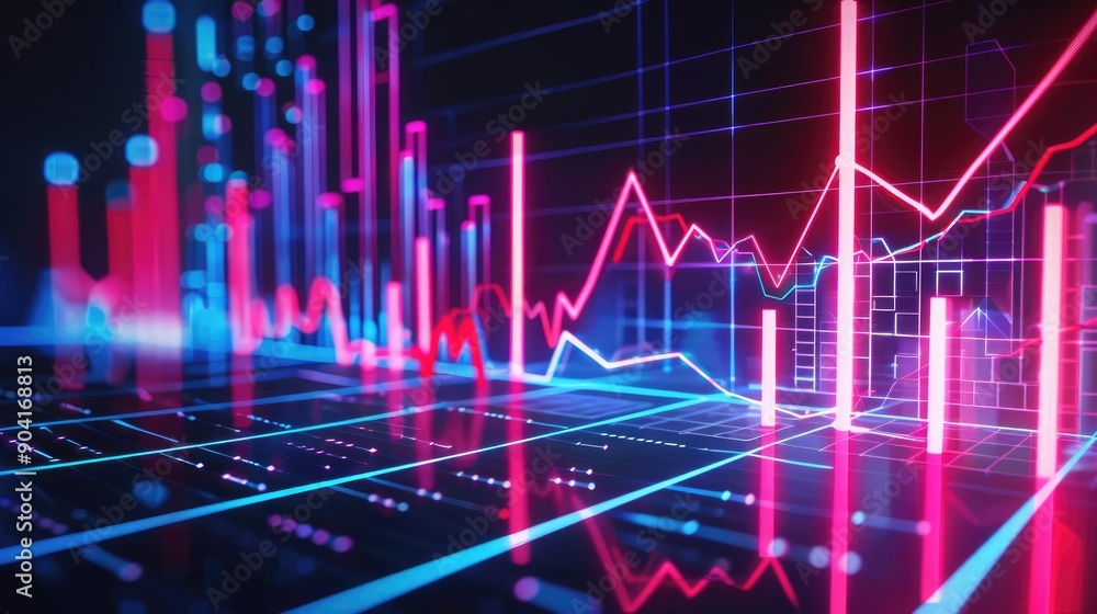 Holographic price fall, virtual business decline, futuristic economic downturn, neon design Holographic price fall, virtual business decline, futuristic economic downturn, neon design