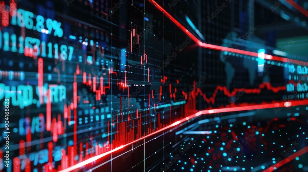 Fototapeta premium Holographic price plummet, virtual business crisis, futuristic economic impact, dark design
