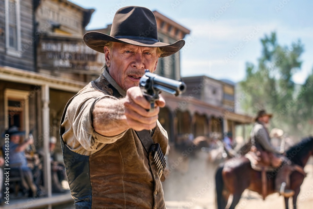 A dramatic scene of an older cowboy pointing a revolver in an old western town. A dramatic scene of an older cowboy pointing a revolver in an old western town.
