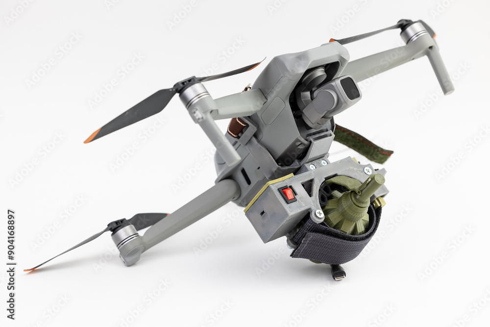 Army drone with mechanism for dropping grenades on white isolated background. Concept military UAVs using in weapon, Engineering development for war Army drone with mechanism for dropping grenades on white isolated background. Concept military UAVs using in weapon, Engineering development for war