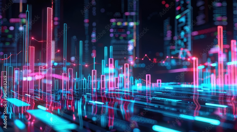 Fototapeta premium Holographic stock price drop, virtual business decline, futuristic economic impact, neon interface