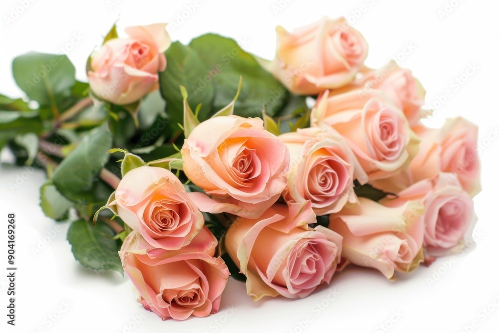 Pink roses in bouquet on white surface Pink roses in bouquet on white surface
