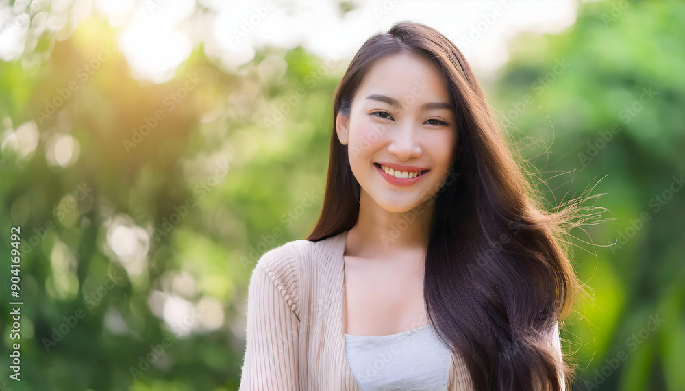 Attractive young woman long dark hair and outdoor park of excited person happy on digital art concept, Generative AI. Attractive young woman long dark hair and outdoor park of excited person happy on digital art concept, Generative AI.