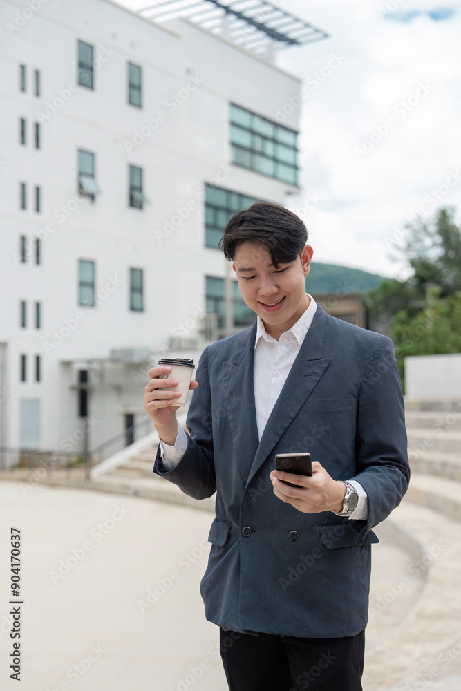 Young Businessman Enjoying Coffee Break While Checking Smartphone Outside Modern Office Building Young Businessman Enjoying Coffee Break While Checking Smartphone Outside Modern Office Building
