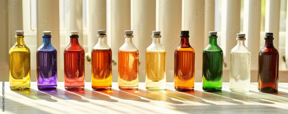 Diverse colorful liquid-filled bottles on a white surface, each providing health benefits against viruses and polluted air. Diverse colorful liquid-filled bottles on a white surface, each providing health benefits against viruses and polluted air.