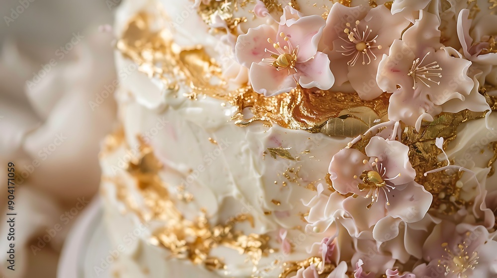 A sophisticated rich cake with touches of gold and delicate icing A sophisticated rich cake with touches of gold and delicate icing