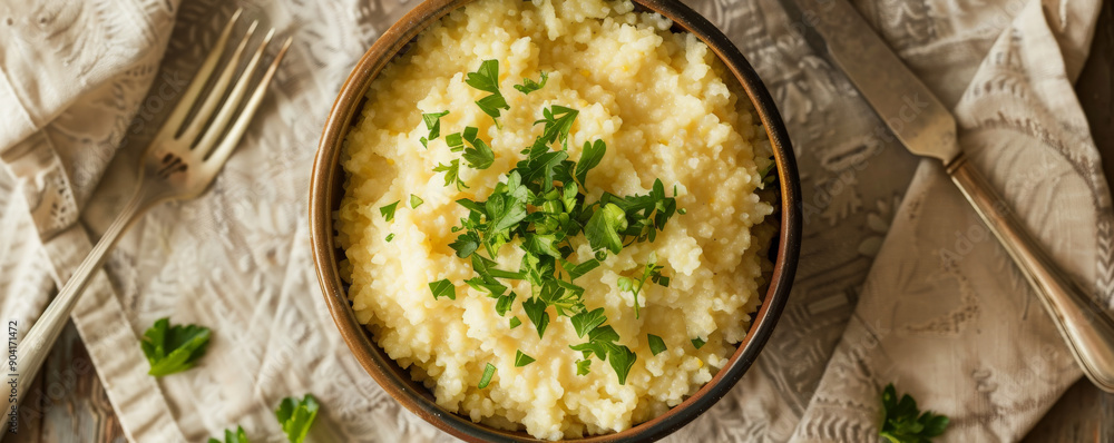 A top-down view of a bowl of cooked semolina, garnished with fresh herbs, set on a rustic tablecloth. A top-down view of a bowl of cooked semolina, garnished with fresh herbs, set on a rustic tablecloth.