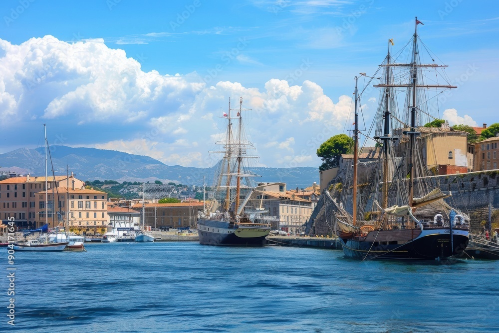 Maritime industry scene with ships, cargo, and dockworkers, highlighting ocean trade... Maritime industry scene with ships, cargo, and dockworkers, highlighting ocean trade...