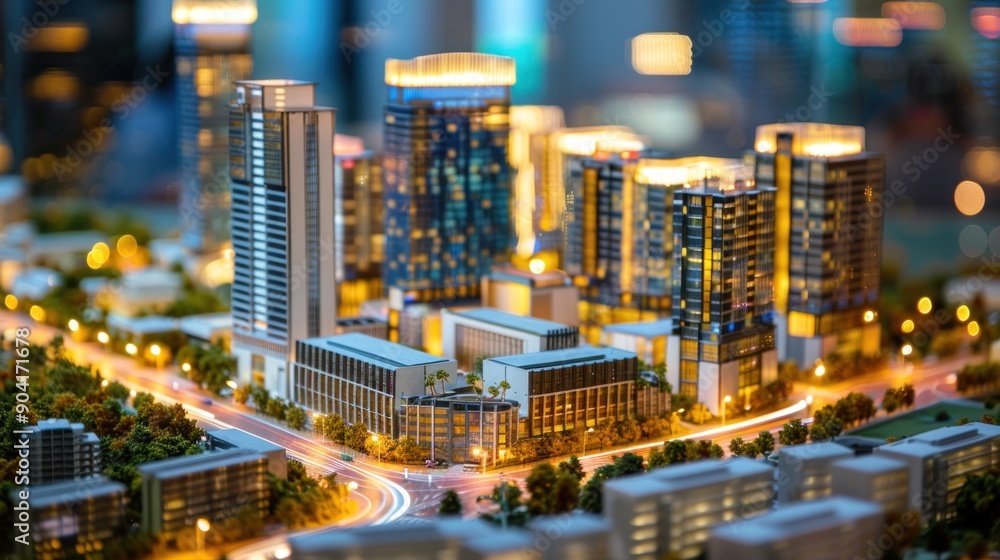 Generate a photo realistic image of a maquette depicting a commercial hub with office towers, retail spaces, and cultural venues; ensure the image is of high resolution for clear and detailed quality Generate a photo realistic image of a maquette depicting a commercial hub with office towers, retail spaces, and cultural venues; ensure the image is of high resolution for clear and detailed quality