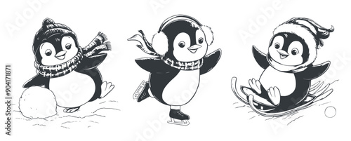 Penguins enjoying winter activities. Penguins creating slowballs. skating, sledding, black and white vector, Generative AI