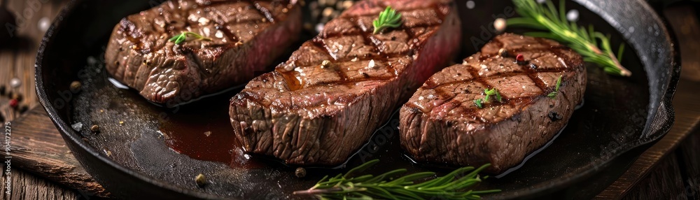 Deliciously grilled beef steaks served on a rustic plate, garnished with herbs and spices for an enticing culinary experience. Deliciously grilled beef steaks served on a rustic plate, garnished with herbs and spices for an enticing culinary experience.