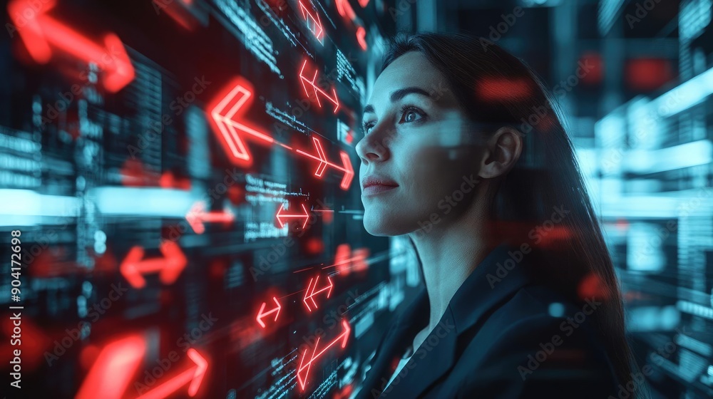 Businesswoman surrounded by holographic red arrows, digital financial, financial crisis in tech-driven world Businesswoman surrounded by holographic red arrows, digital financial, financial crisis in tech-driven world