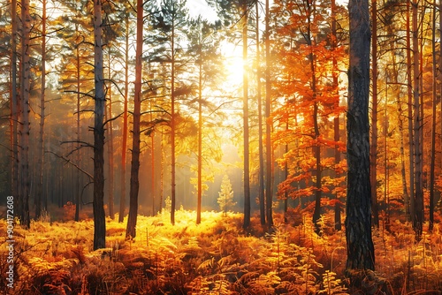 Beautiful Fall Landscape: Golden Forest, Sunlight, Morning Atmosphere