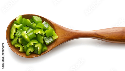  Chopped Green Paprika in Spoon- Fresh green paprika in a wooden spoon, chopped pepper isola_1(73) photo