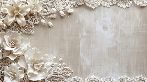 Wedding border texture with modern white on cream lace effect and a soft tonal linen background.