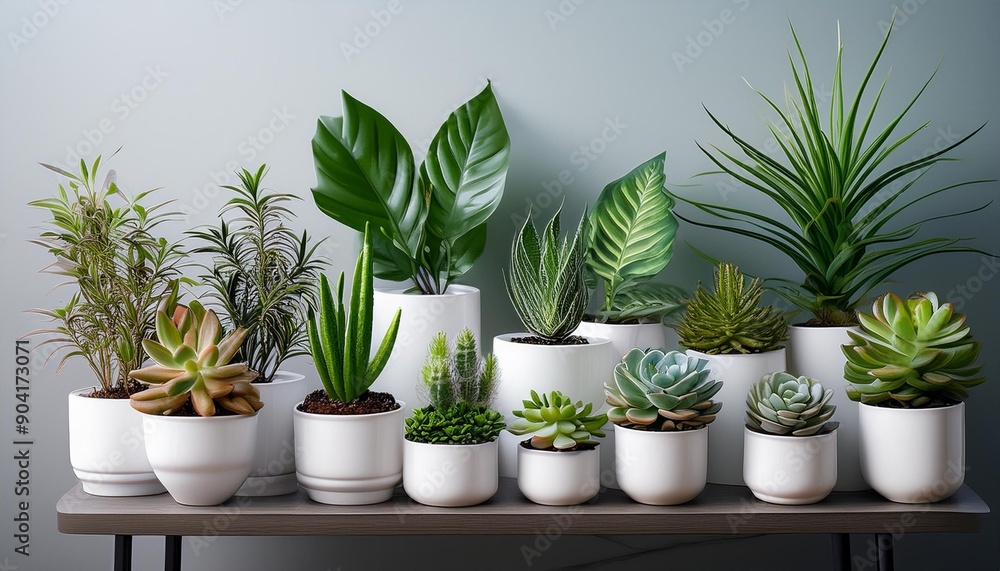 Various small indoor plants or succulents in plain white pots.
Various small indoor plants or succulents in plain white pots.
