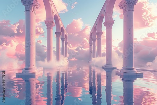 Beautiful pastel pink sky with white clouds over classical marble archways reflecting in tranquil water photo