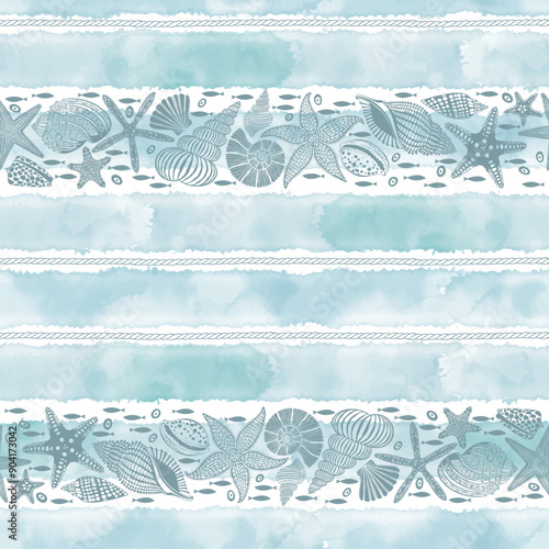  Seamless background with marine rope, shells, nautilus, fish and starfish on blue watercolor stripes. Abstract marine background. Vector. Perfect for design templates, wallpaper, wrapping, fabric, pr