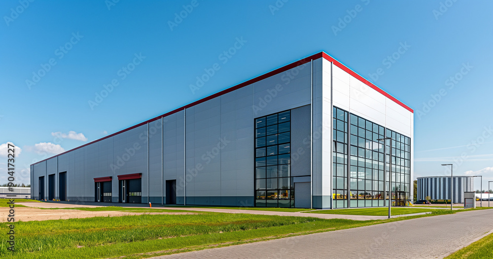 Fototapeta premium Exterior of a gray industrial warehouse dock station with white walls and red edges, surrounded by green grass. Commercial storehouse building, business unit, cargo factory, distribution, logistics.