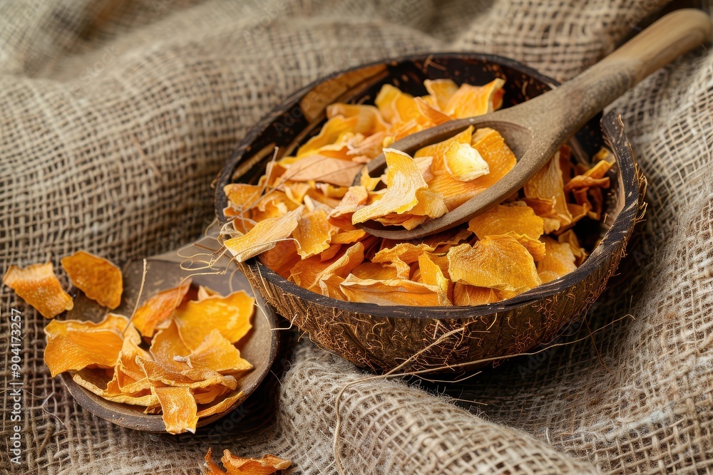 Bael fruits and orange pieces on coconut shell plate with wooden spoon on brown fabric Bael fruits and orange pieces on coconut shell plate with wooden spoon on brown fabric