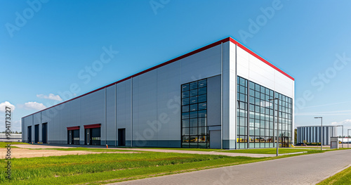 Exterior of a gray industrial warehouse dock station with white walls and red edges, surrounded by green grass. Commercial storehouse building, business unit, cargo factory, distribution, logistics. © Lahiru