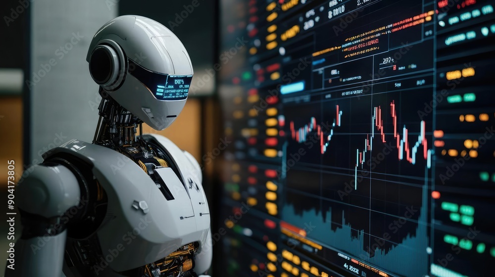Robot analyzing plummeting stock market data, digital financial, AI in finance and market volatility Robot analyzing plummeting stock market data, digital financial, AI in finance and market volatility
