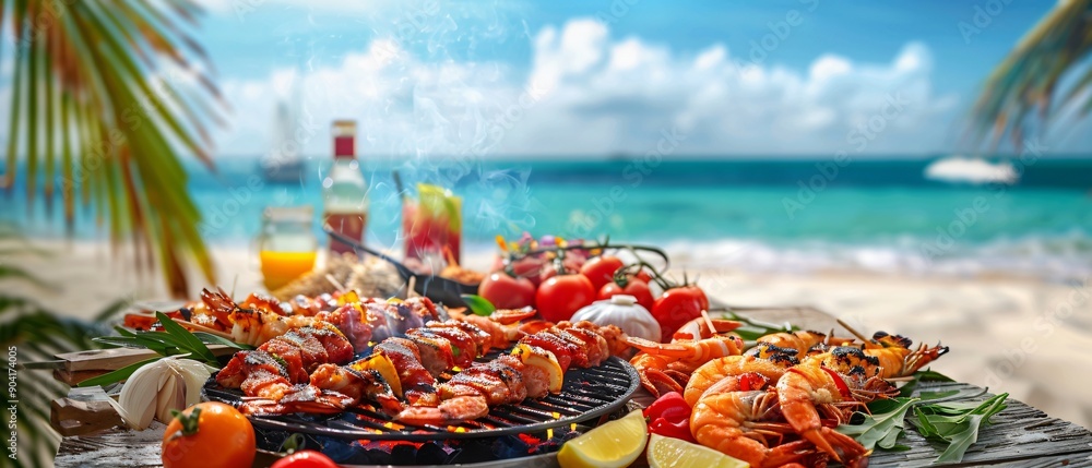 Serene Beach Picnic with Grilled Seafood Feast Relaxing BBQ on Tropical Shoreline with Ocean View Serene Beach Picnic with Grilled Seafood Feast Relaxing BBQ on Tropical Shoreline with Ocean View