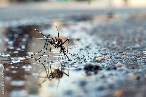 Aedes mosquito near a stagnant water puddle