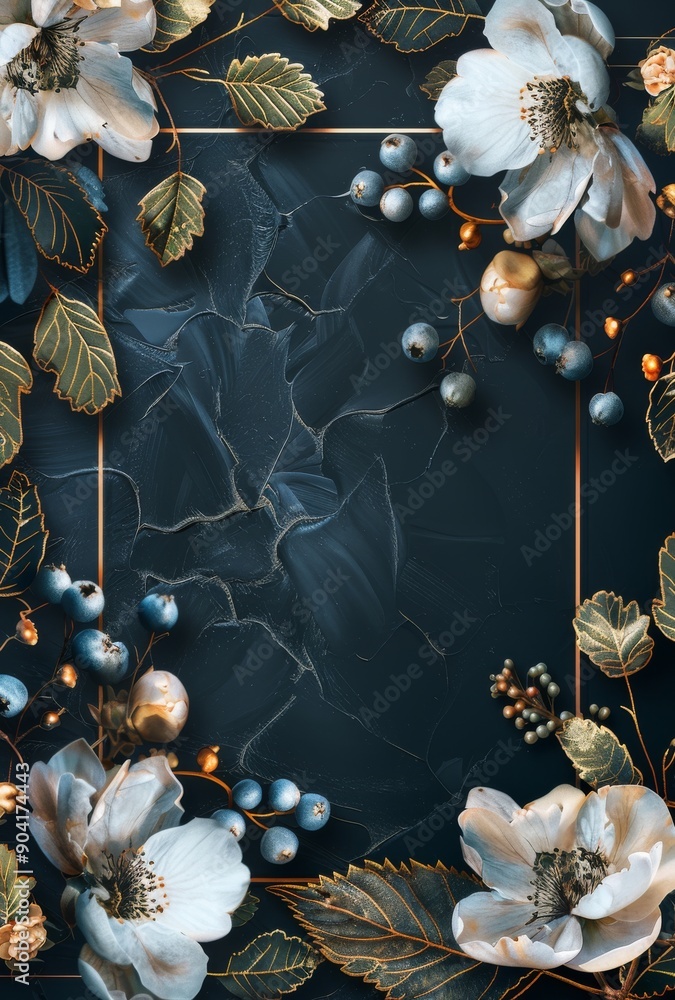 Obraz premium Elegant blank card with floral and berry border on dark textured background