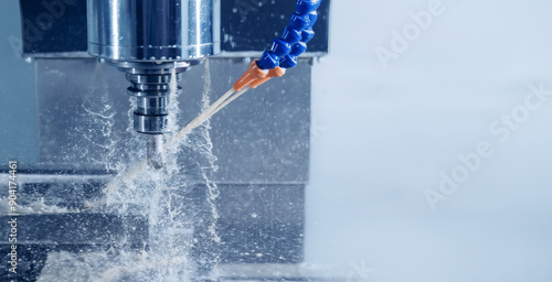 Billede på lærred Banner CNC turning cutting metal Industry machine iron tools with splash cutting
