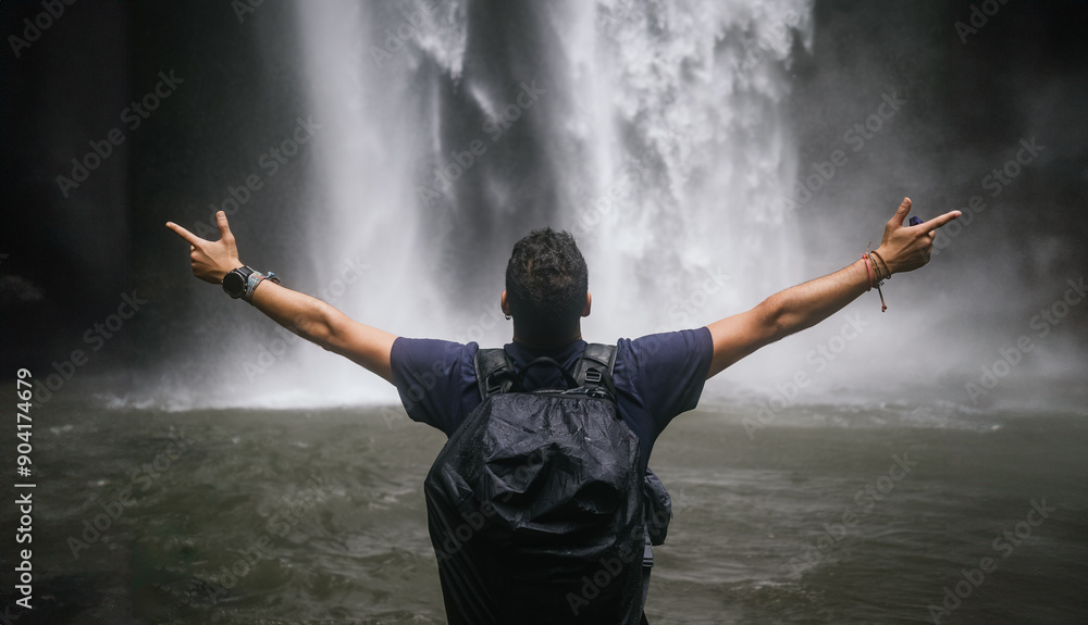 Man with a backpack Celebrating Adventure in Front of Majestic Bali Waterfall - Freedom and Joy in Nature's Embrace Man with a backpack Celebrating Adventure in Front of Majestic Bali Waterfall - Freedom and Joy in Nature's Embrace