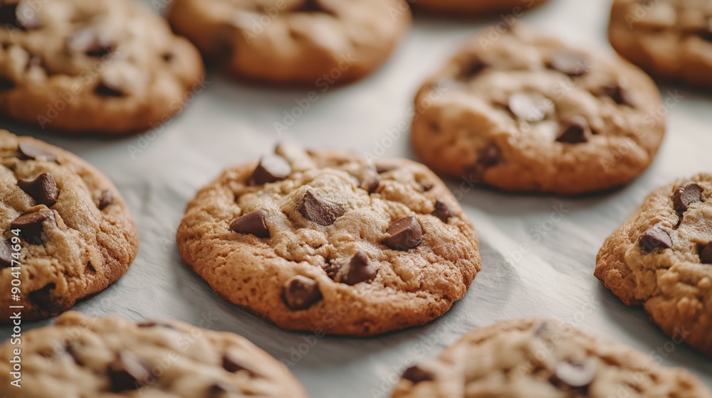 Freshly baked chocolate chip cookies arranged neatly on parchment paper in a cozy kitchen. Freshly baked chocolate chip cookies arranged neatly on parchment paper in a cozy kitchen.