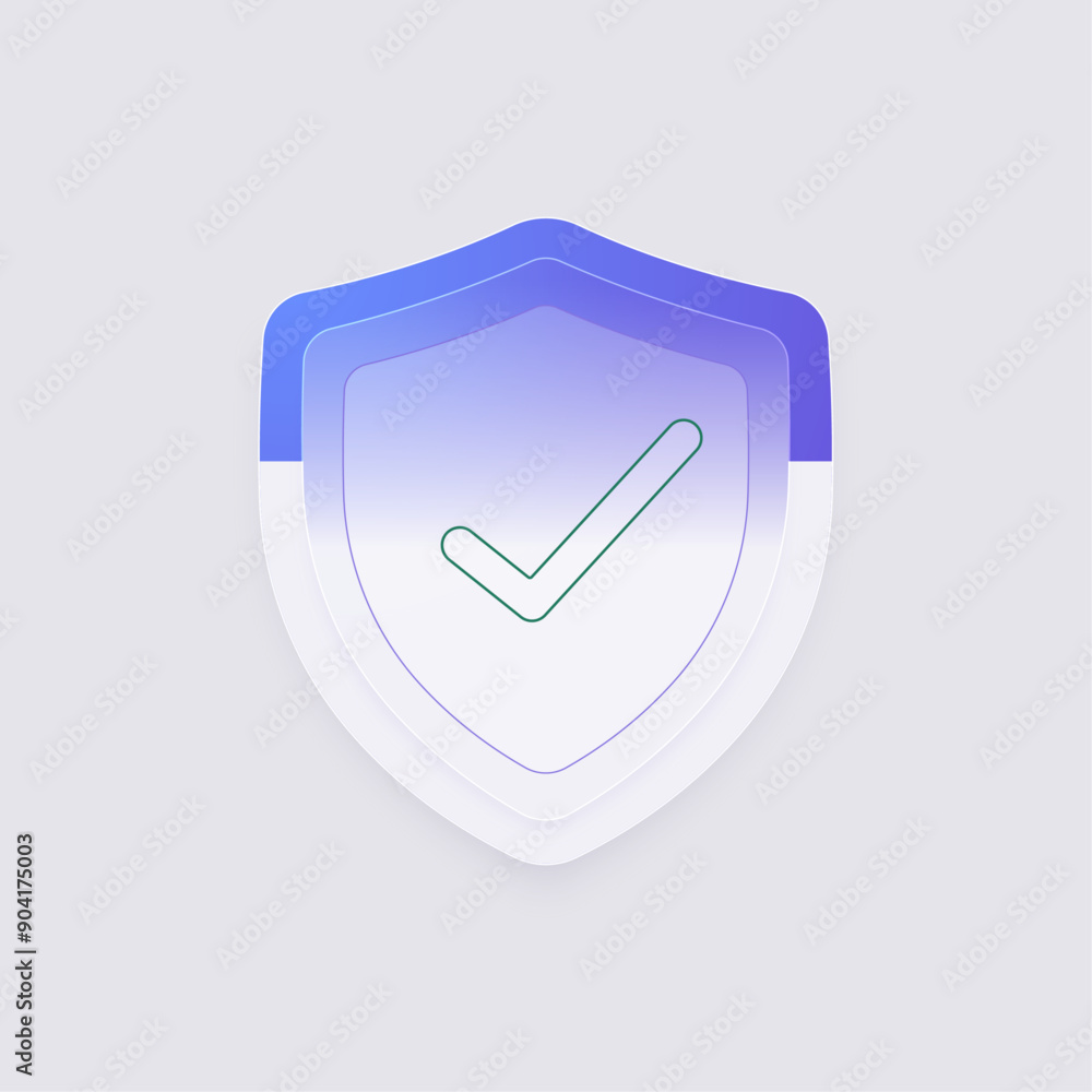 Glass matte shield with check mark isolated on light background. Data protection, cyber shield, antivirus, internet security, firewall and privacy. Vector illustration. Glass matte shield with check mark isolated on light background. Data protection, cyber shield, antivirus, internet security, firewall and privacy. Vector illustration.