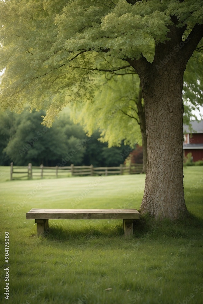 Bench under maple tree near wooden fence Bench under maple tree near wooden fence