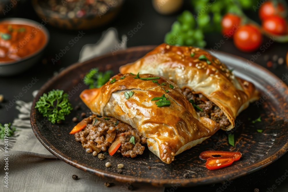 Contemporary Uzbek Beef Samsa on Simple Background Contemporary Uzbek Beef Samsa on Simple Background
