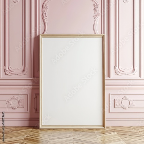 a blank empty wooden picture frame leaning again a pink ornate wall - art mockup template