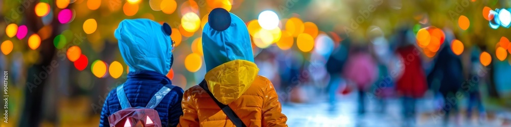 Obraz premium Halloween Fun: Creative Costumed Children Trick-or-Treating on Spooky Blurred Street. Festive Holiday Celebration with Kids in Imaginative Outfits for Advertising and Marketing Campaigns. Ghostly Atmo