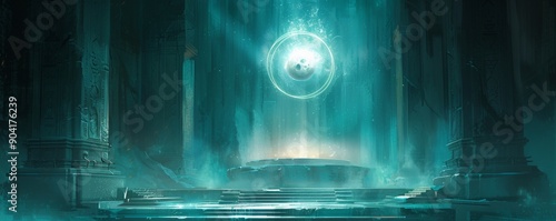 Mystical ancient temple with a floating glowing orb in the center photo