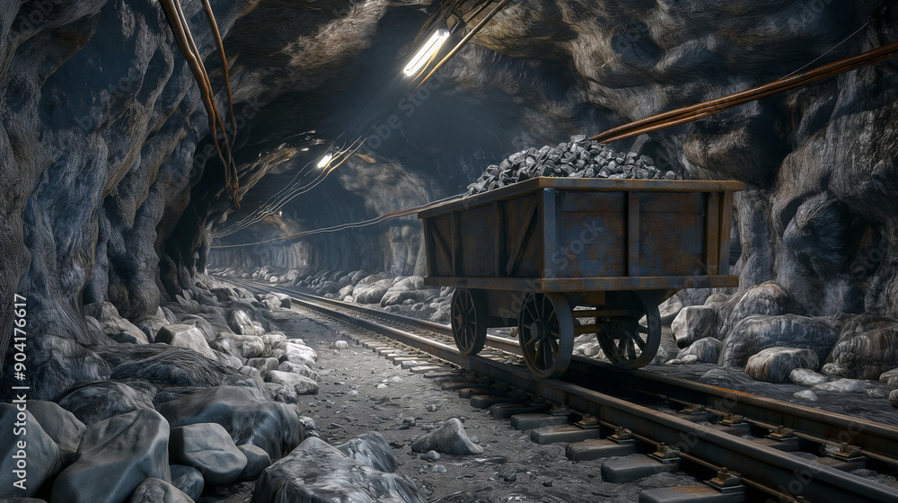 A silver mine tunnel with a mining cart on rails filled with shiny, glossy silver nuggets. refining of silver, prospecting concepts. A silver mine tunnel with a mining cart on rails filled with shiny, glossy silver nuggets. refining of silver, prospecting concepts.