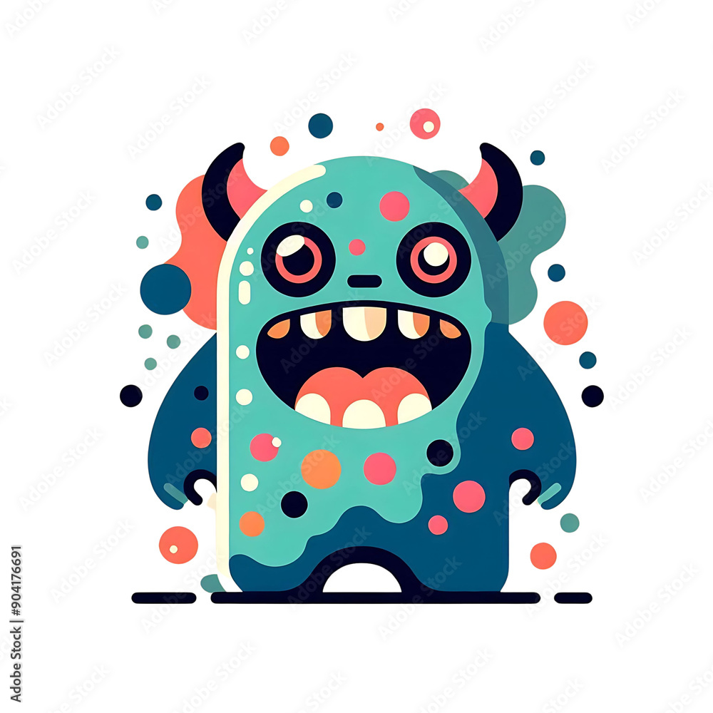 Colorful cartoon monster with big eyes and a wide grin, surrounded by abstract shapes. Vibrant and playful illustration.