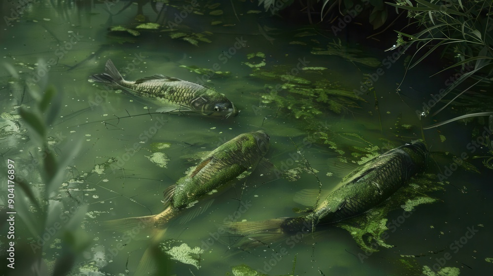Dead fish floating in polluted pond, Water resource contamination Dead fish floating in polluted pond, Water resource contamination