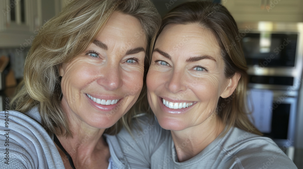 Two Women Smiling Together in a Modern Kitchen During Daytime Two Women Smiling Together in a Modern Kitchen During Daytime