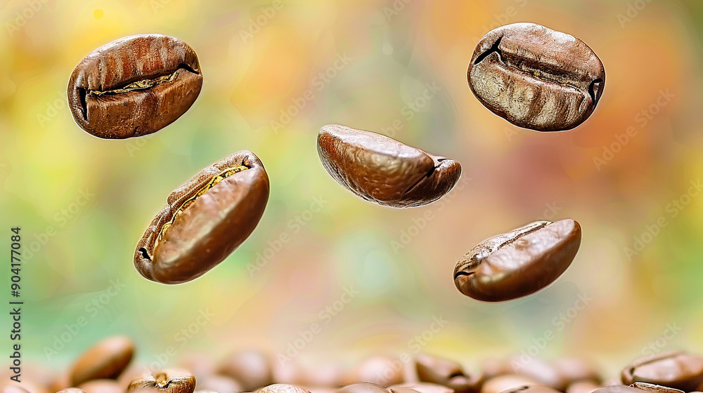 Coffee beans close up falling and pouring into the air with a blurred background Coffee beans close up falling and pouring into the air with a blurred background