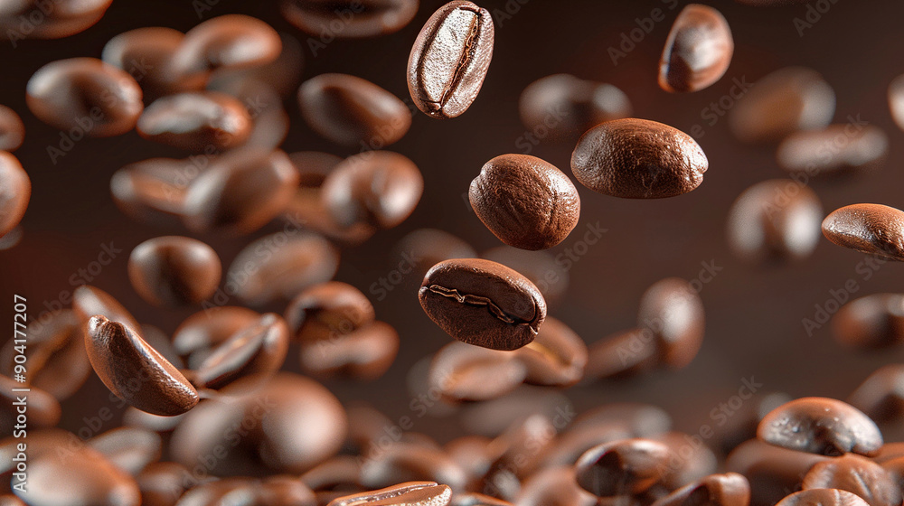 Coffee beans close up falling and pouring into the air with a blurred background Coffee beans close up falling and pouring into the air with a blurred background