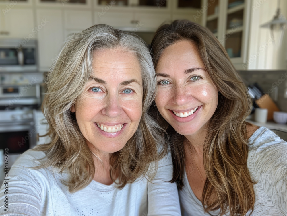 Two Women Smiling Together in a Bright Kitchen During Daytime Two Women Smiling Together in a Bright Kitchen During Daytime