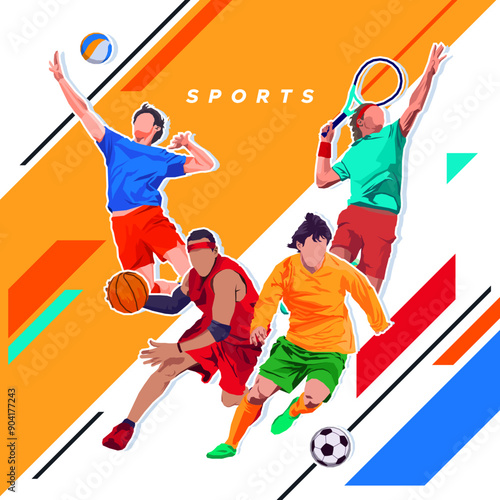 Sports athlete illustration for national sports day celebration banner template. football, tennis, basketball and volleyball players. world sports celebration. sport vector