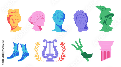 Collection of greek statues head silhouettes. Sculpture 2000s ancient elements, harp, column, wings, trident. Modern y2k icon characters, stickers. Vector illustration 