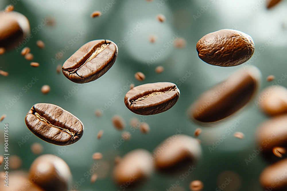 Coffee beans close up falling and pouring into the air with a blurred background Coffee beans close up falling and pouring into the air with a blurred background