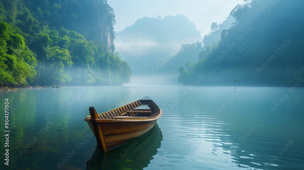 Serene Landscape with a Wooden Boat on a Calm Lake Surrounded by Misty Mountains Serene Landscape with a Wooden Boat on a Calm Lake Surrounded by Misty Mountains